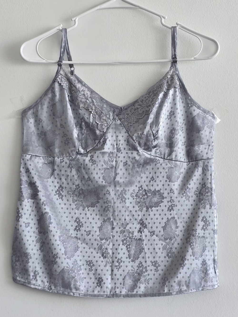 Women's Silver Floral Satin Camisole with Lace Trim